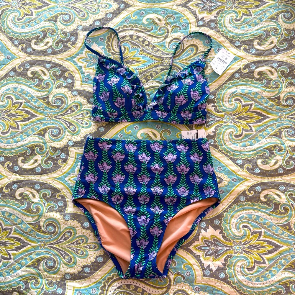 New J. Crew printed high waist bottoms ruffle top bikinis swim set XS RBM